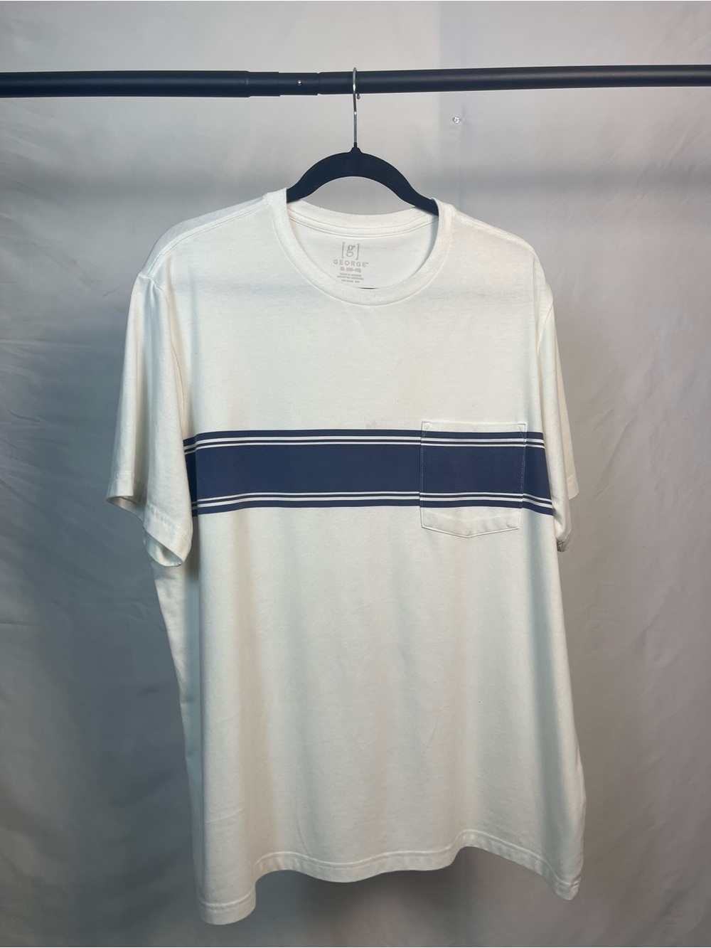 George Cream Short-Sleeve Tee with Navy Chest Stripe and Pocket
